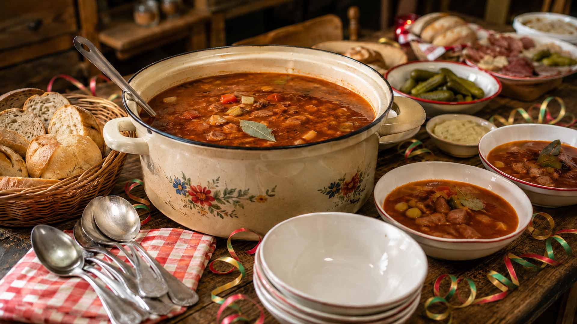 Soljanka als Partygericht mit Luftschlangen, Brot, Schüsseln und Beilagen