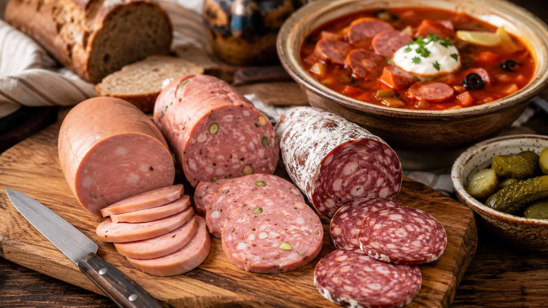 Soljanka mit verschiedenen Wurstsorten auf rustikalem Holztisch