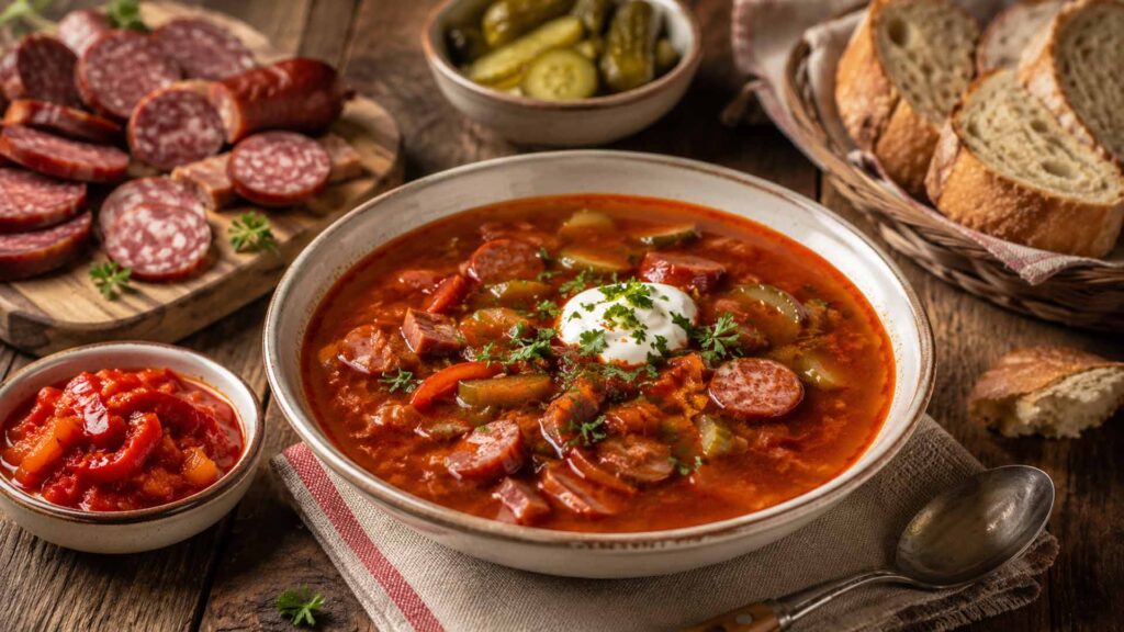 Soljanka mit Letscho, Paprika, Wurst und sauren Gurken