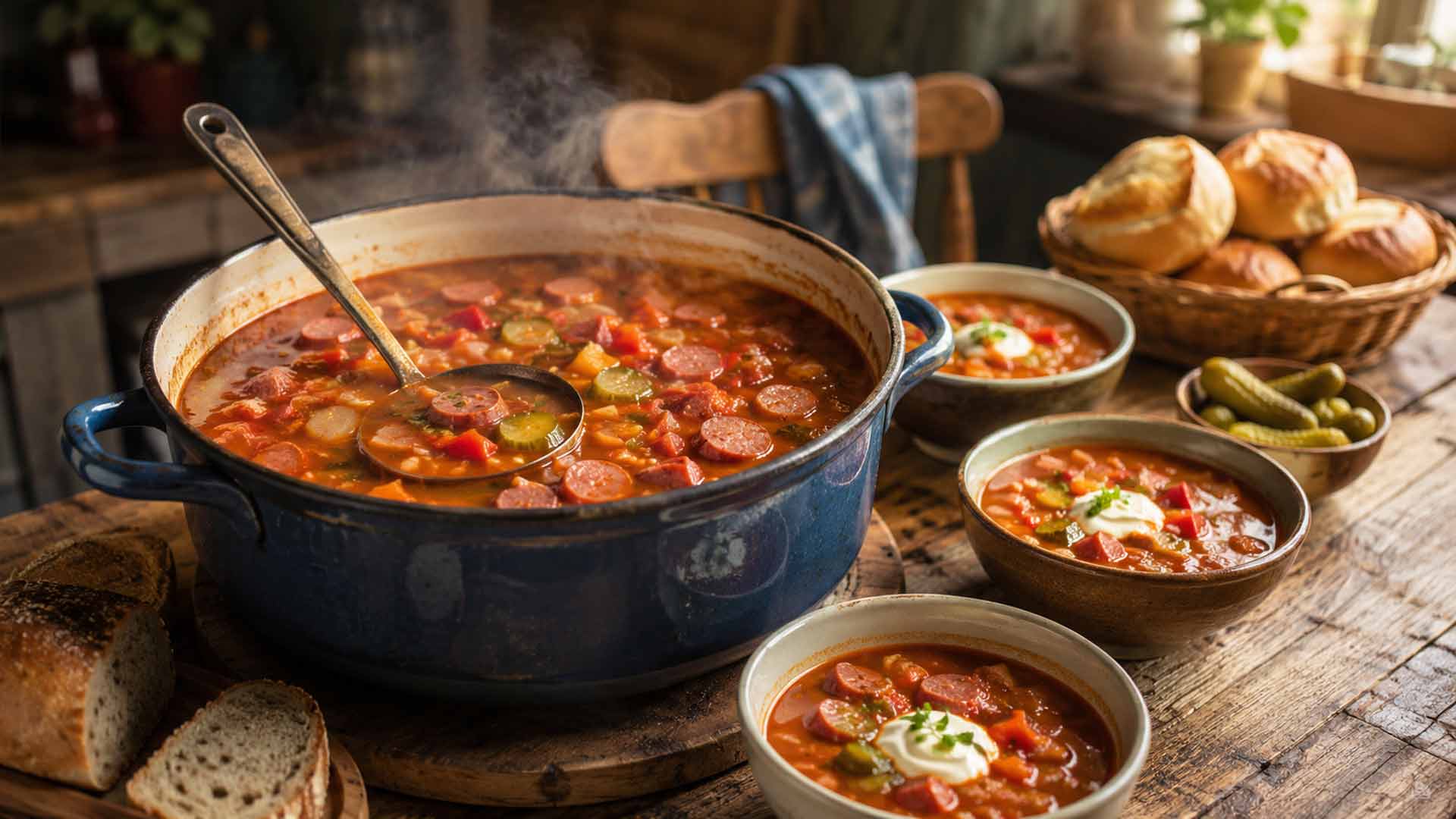 Großer Topf Soljanka mit Brot, Schüsseln und Löffeln auf Holztisch