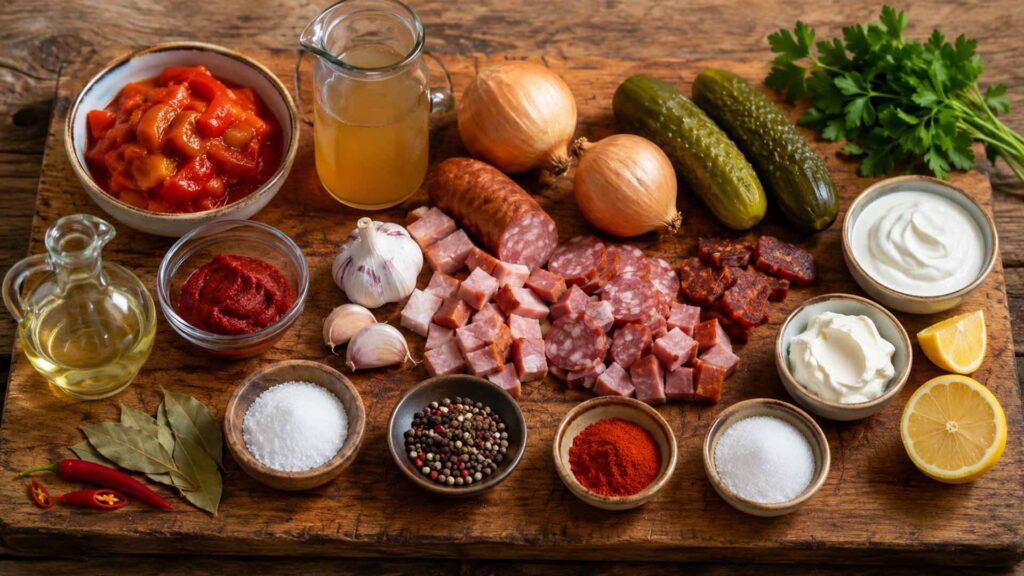 Zutaten für DDR-Soljanka auf einem Holzbrett mit Wurst, Zwiebeln, Gurken, Letscho und Gewürzen