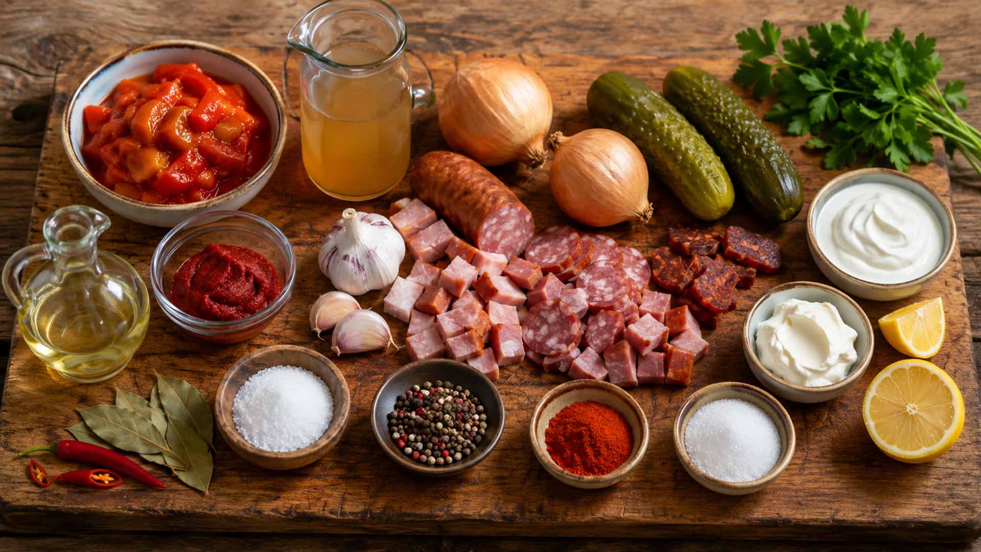 Zutaten für DDR-Soljanka auf einem Holzbrett mit Wurst, Zwiebeln, Gurken, Letscho und Gewürzen