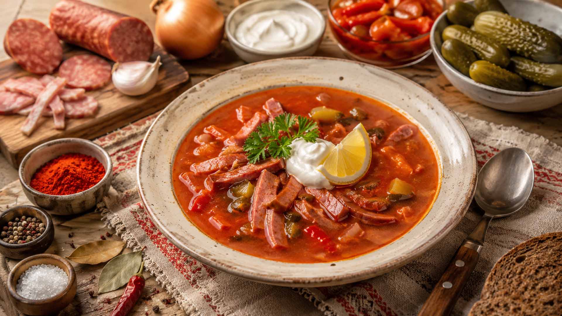 DDR-Soljanka mit Wurst, Letscho, sauren Gurken, saurer Sahne, Zitrone und Petersilie