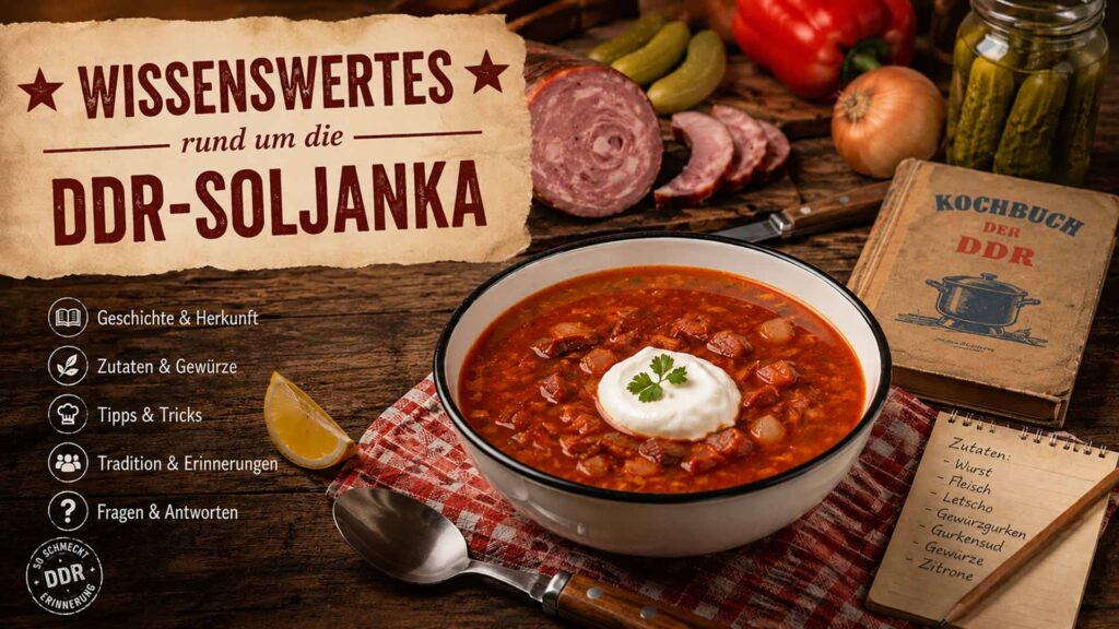 Wissenswertes rund um die DDR-Soljanka mit traditioneller Soljanka, Schmand, Zutaten und Informationen zu Geschichte, Gewürzen und Küchentipps.